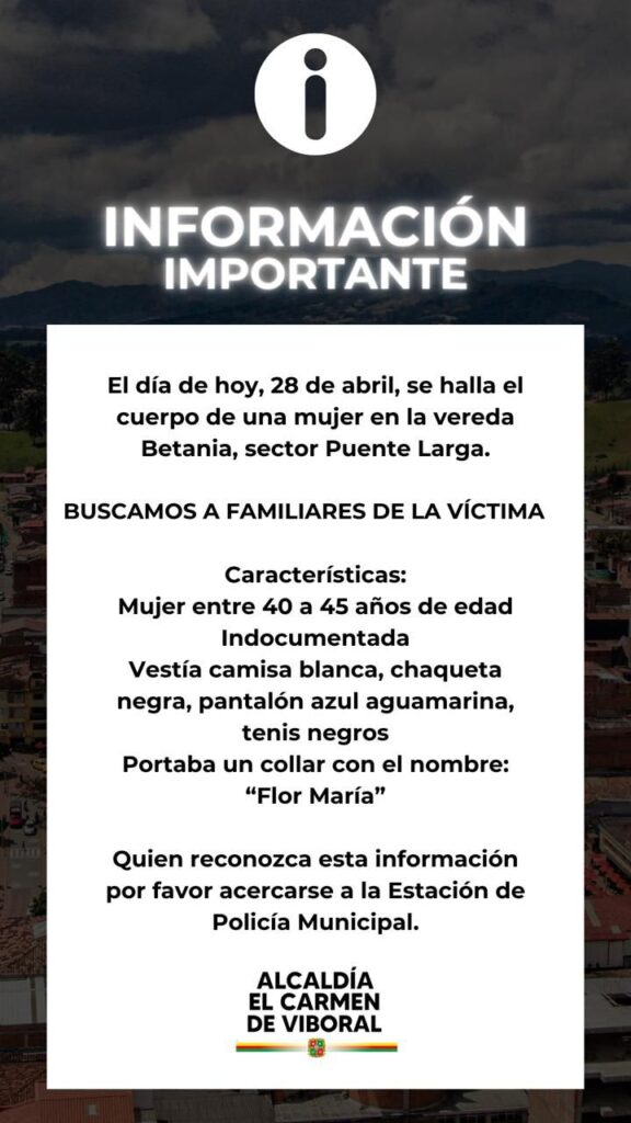 Buscan a la familia de una mujer que se cayó y murió en El Carmen de Viboral