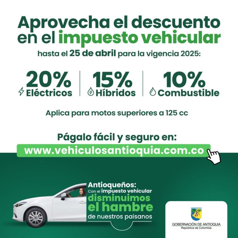 ¡Tenga en cuenta! Hasta el 25 de abril hay vigencia del descuento para el impuesto vehicular en Antioquia